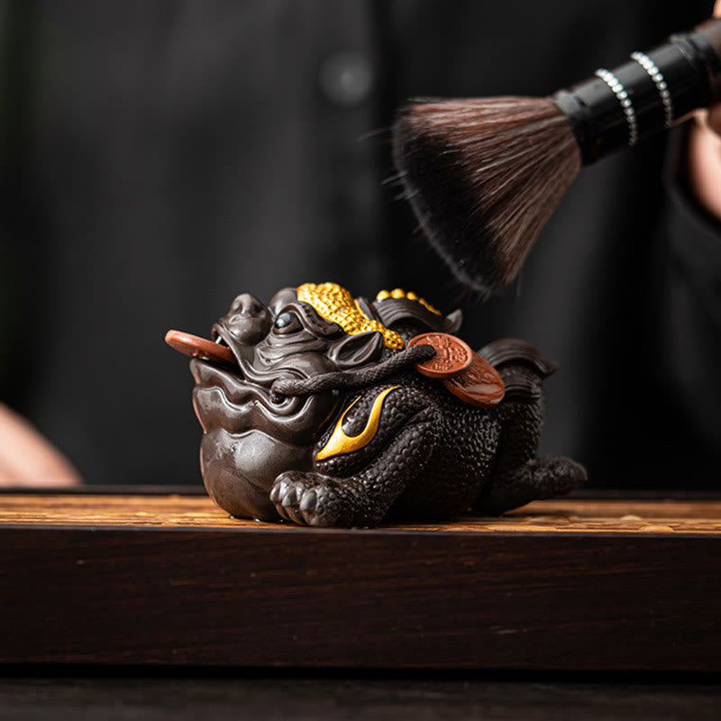 11cm Purple Clay Feng Shui Frog Figurine with Copper Coins