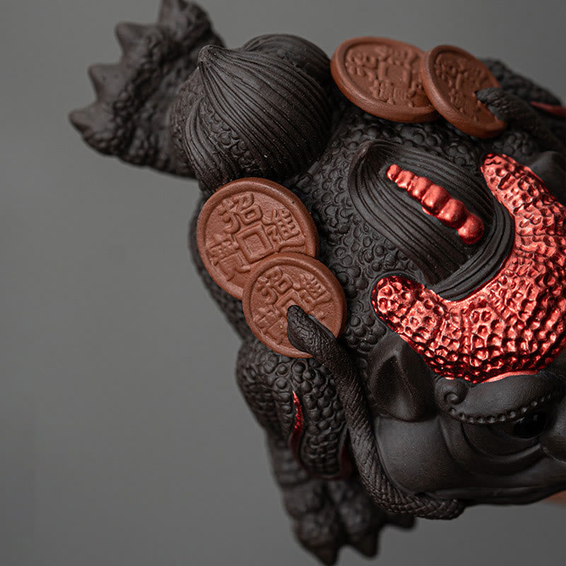 11cm Purple Clay Feng Shui Frog Figurine with Copper Coins