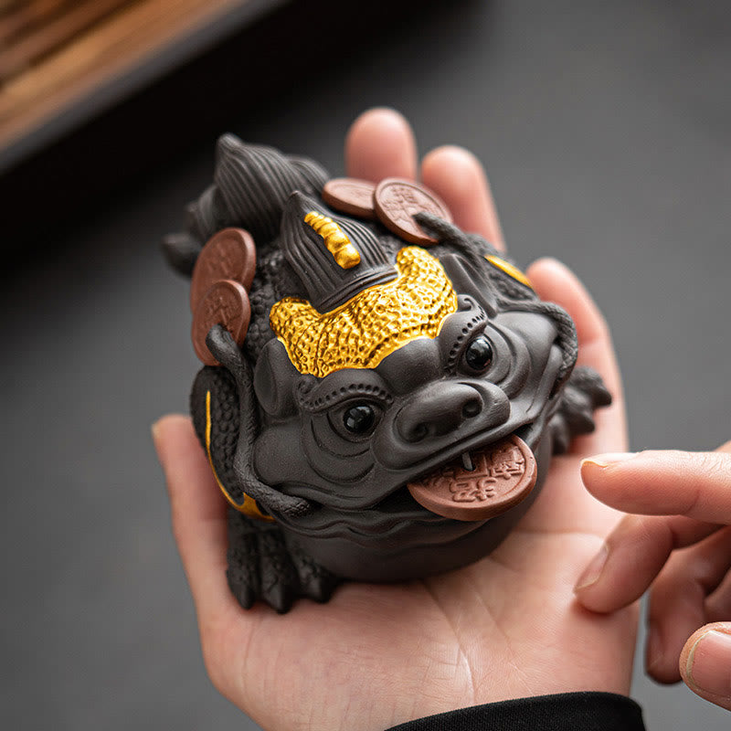 11cm Purple Clay Feng Shui Frog Figurine with Copper Coins