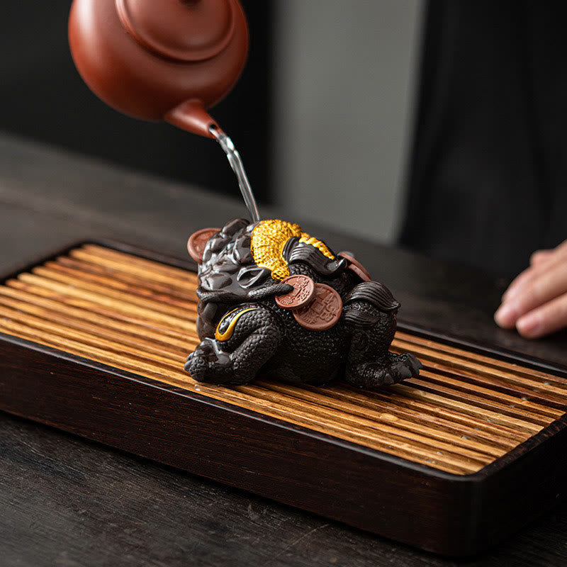 11cm Purple Clay Feng Shui Frog Figurine with Copper Coins