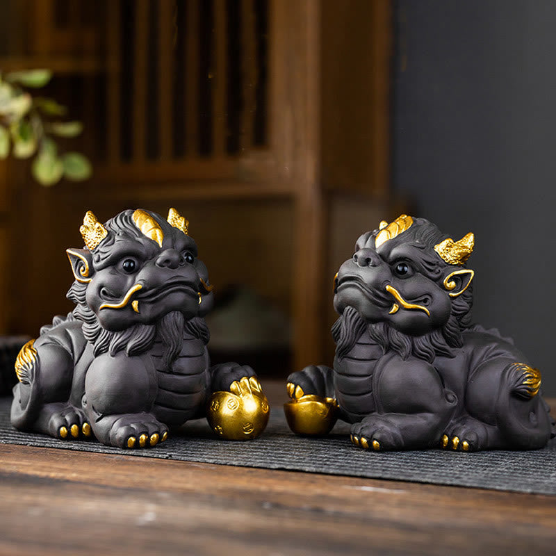 Pixiu Ingot Ball Purple Clay Ceramic Wealth Figurine 11.5cm