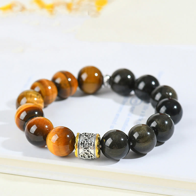 15-17cm Om Mani Padme Hum Tiger Eye Gold Sheen Obsidian Bracelet