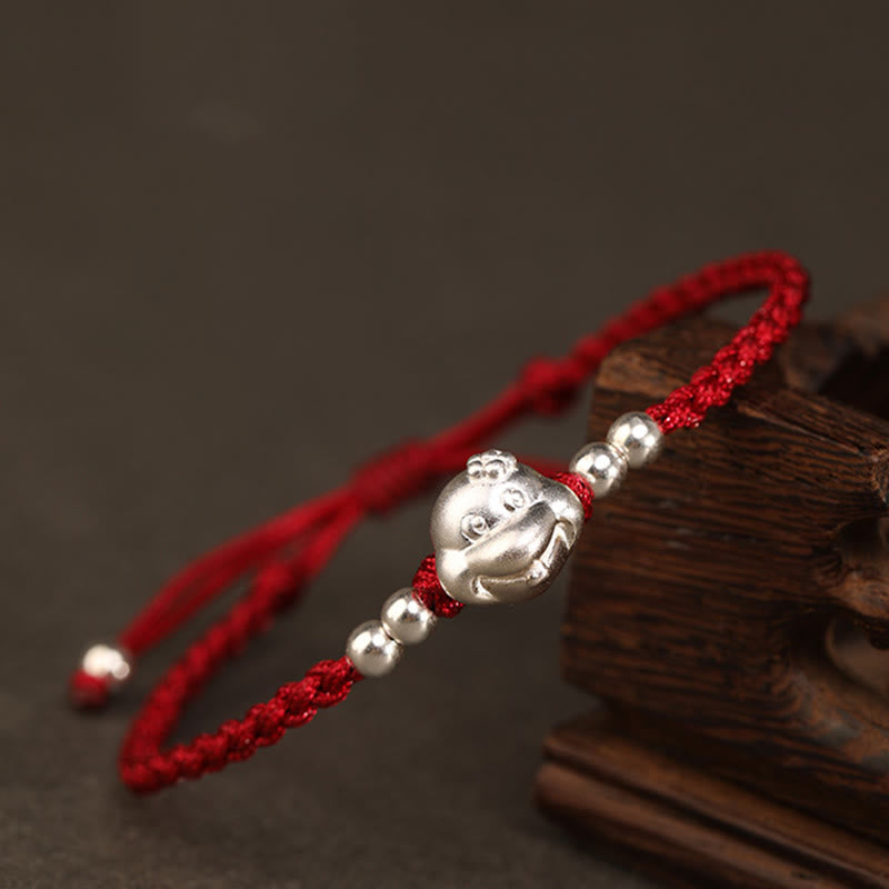 999 Sterling Silver Snake Head Red String Bracelet for Luck & Protection