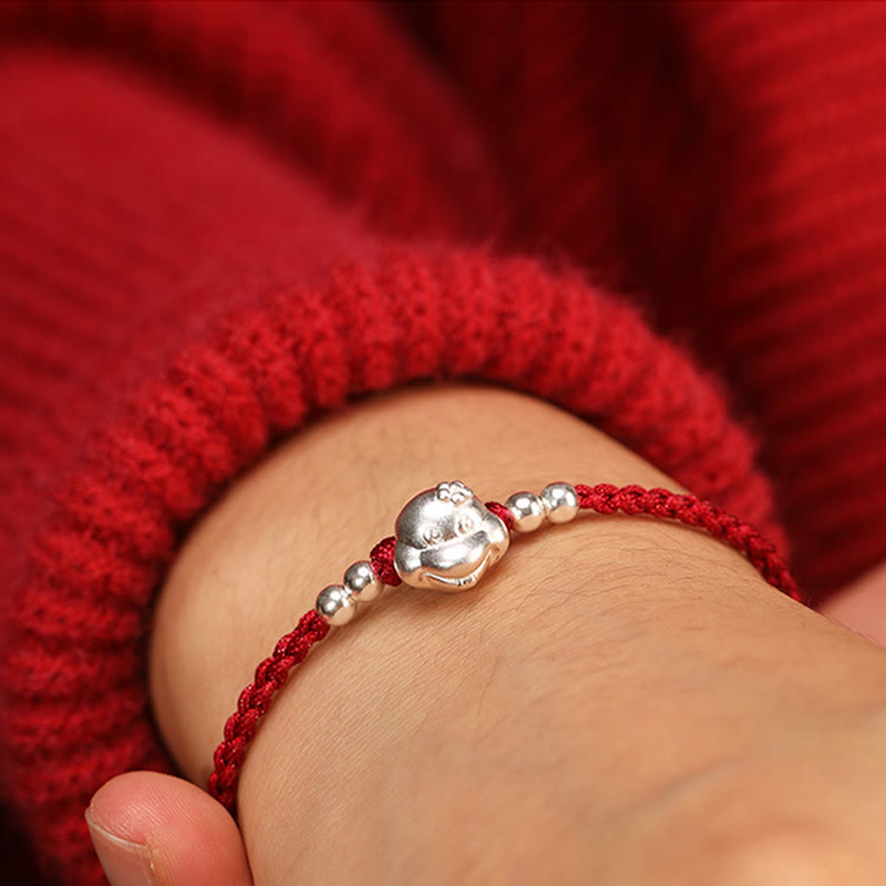 999 Sterling Silver Snake Head Red String Bracelet for Luck & Protection