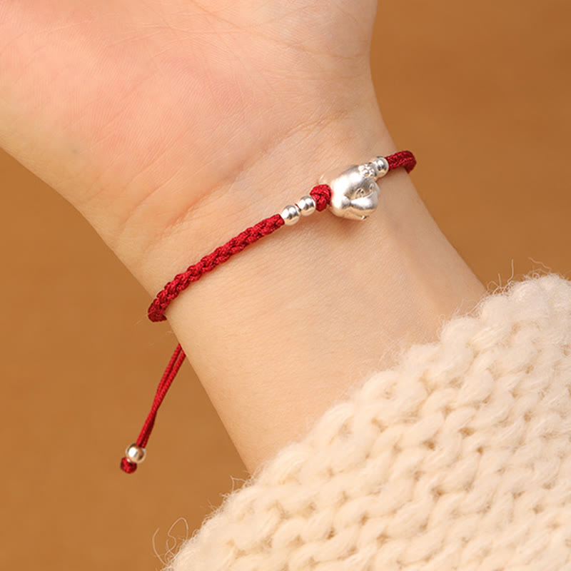 999 Sterling Silver Snake Head Red String Bracelet for Luck & Protection