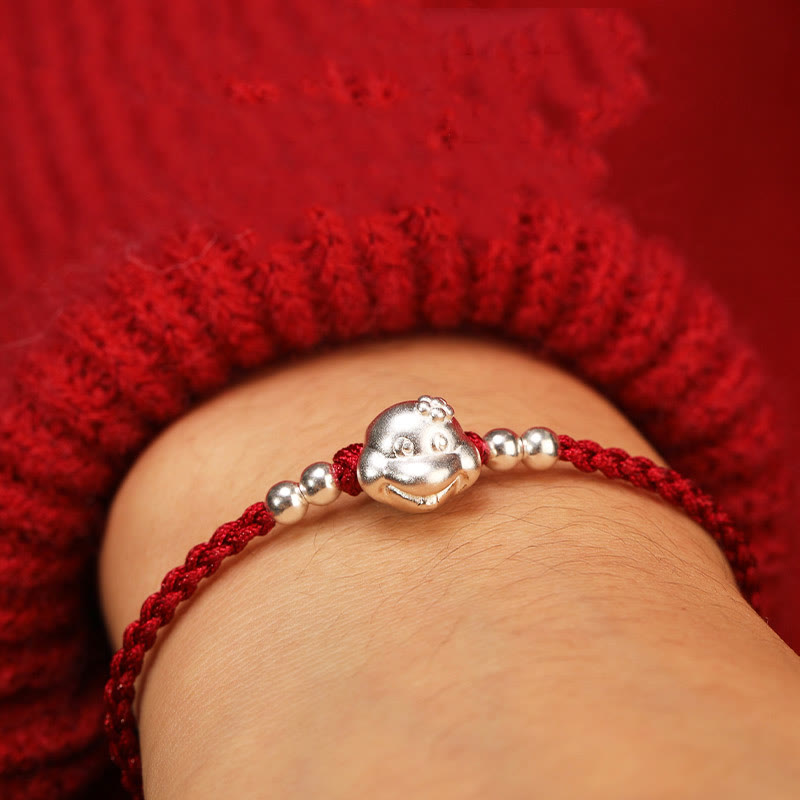 999 Sterling Silver Snake Head Red String Bracelet for Luck & Protection