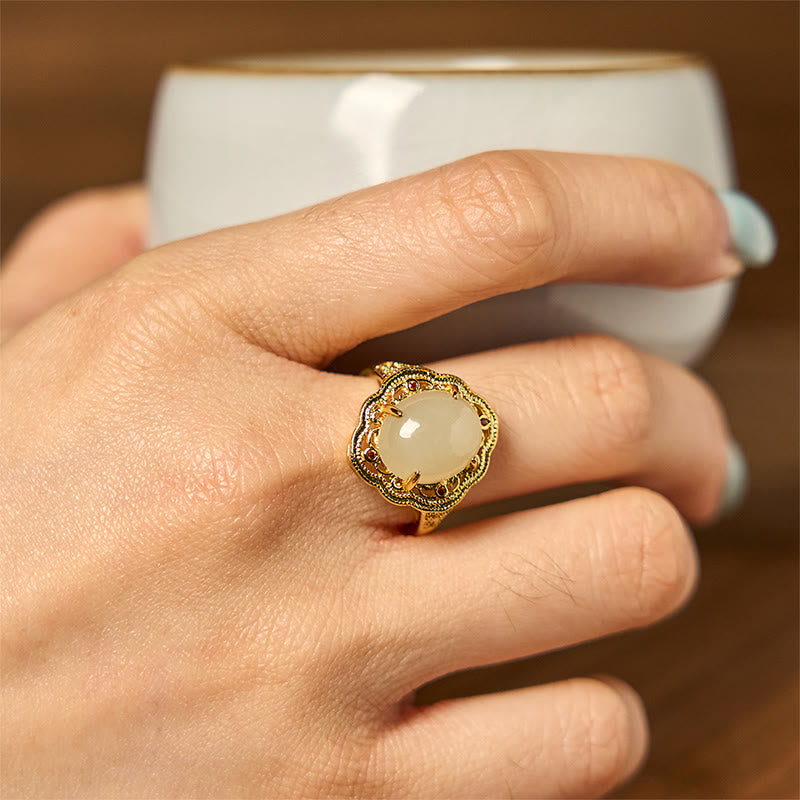 10x12mm Hetian Jade Vintage Egg Copper Open Luck Ring