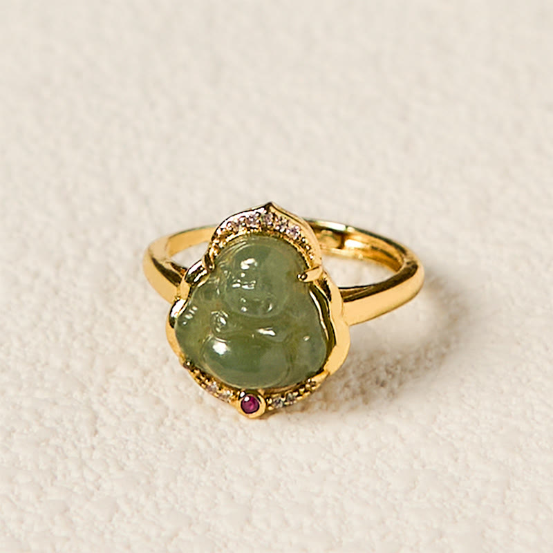 8mm Hetian Jade Laughing Buddha Ring for Luck and Prosperity