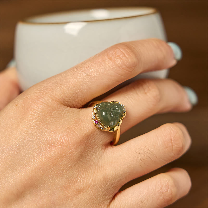 8mm Hetian Jade Laughing Buddha Ring for Luck and Prosperity