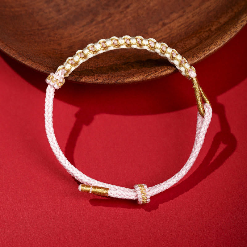 Adjustable Red String Tibetan Gold Thread Bracelet with Peach Blossom Knot
