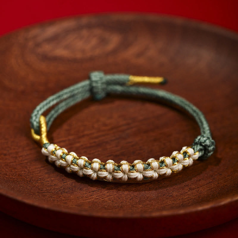 Adjustable Red String Tibetan Gold Thread Bracelet with Peach Blossom Knot