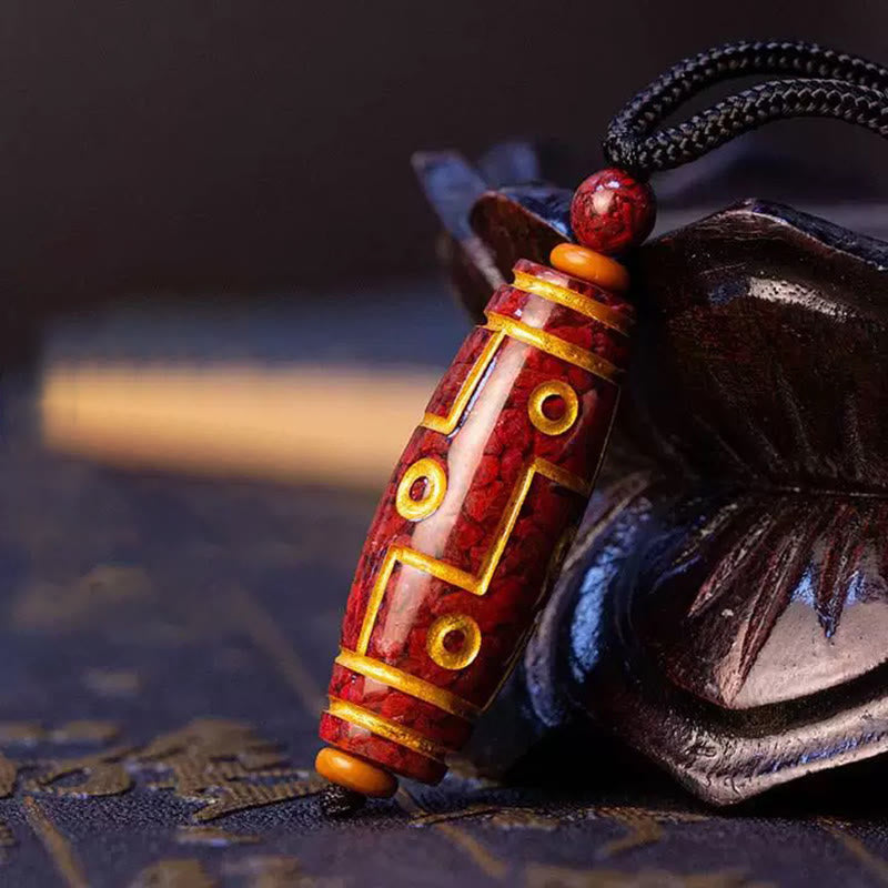 Cinnabar Nine-Eye Dzi Bead Necklace Pendant for Spiritual Protection