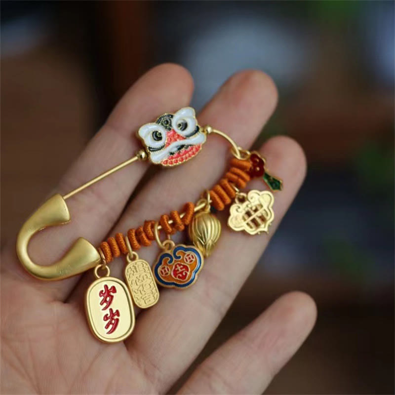 20x58mm Copper Dancing Lion Lotus Bud Fortune Brooch