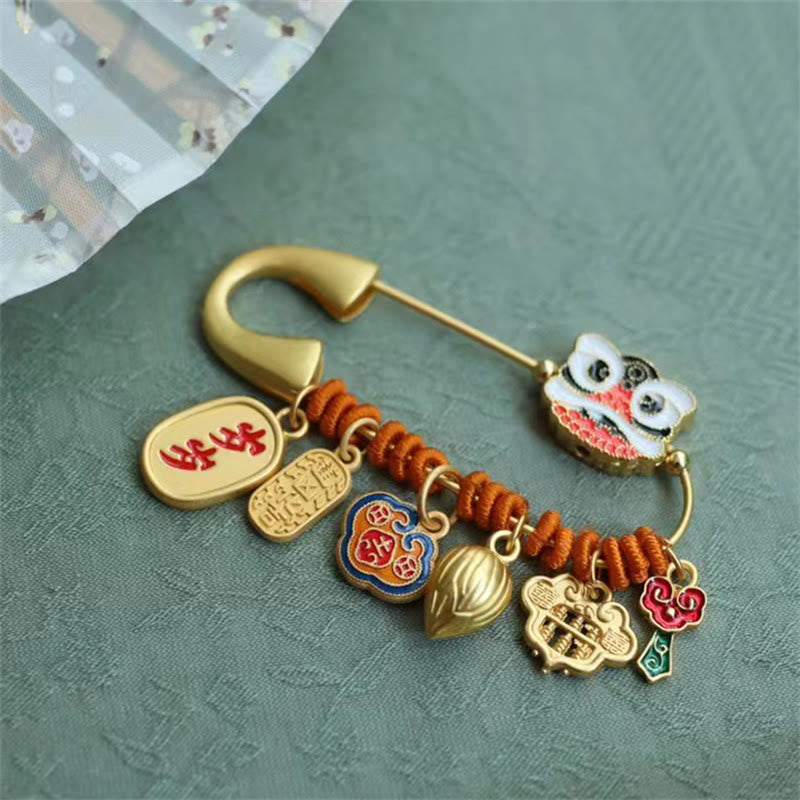 20x58mm Copper Dancing Lion Lotus Bud Fortune Brooch