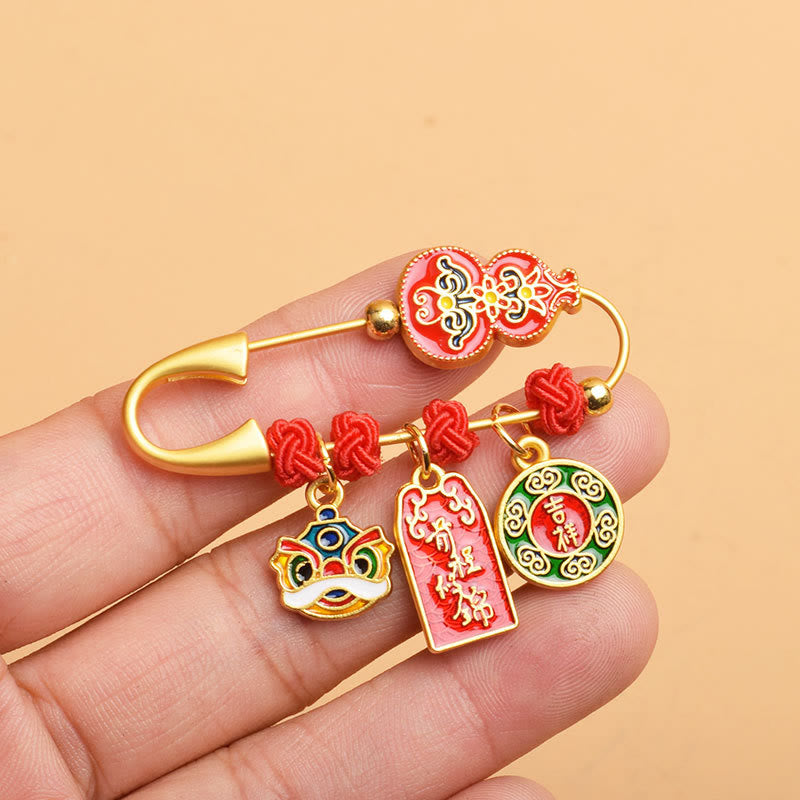 Gourd Dancing Lion Fu Character Safe & Well Blessing Brooch