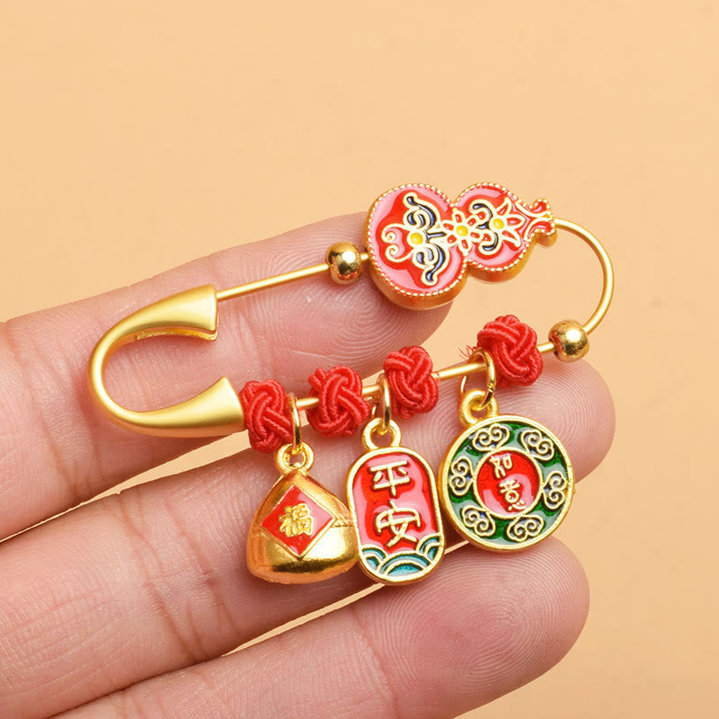 Gourd Dancing Lion Fu Character Safe & Well Blessing Brooch