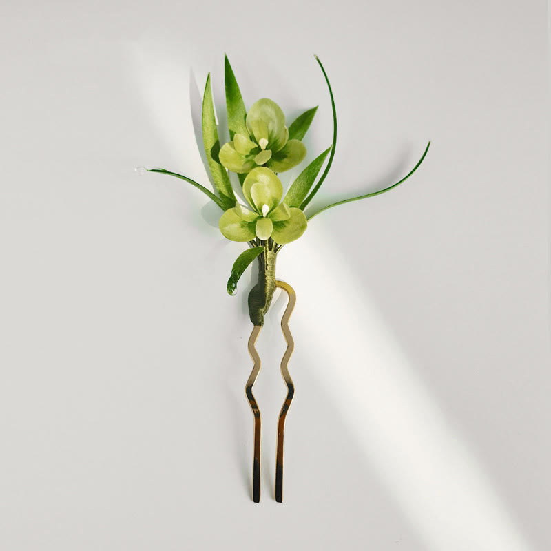 Handmade Green Flowers Leaves Brooch Hairpin Silk Craft