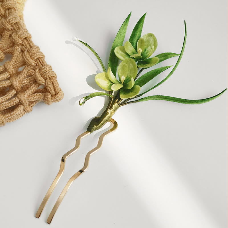 Handmade Green Flowers Leaves Brooch Hairpin Silk Craft