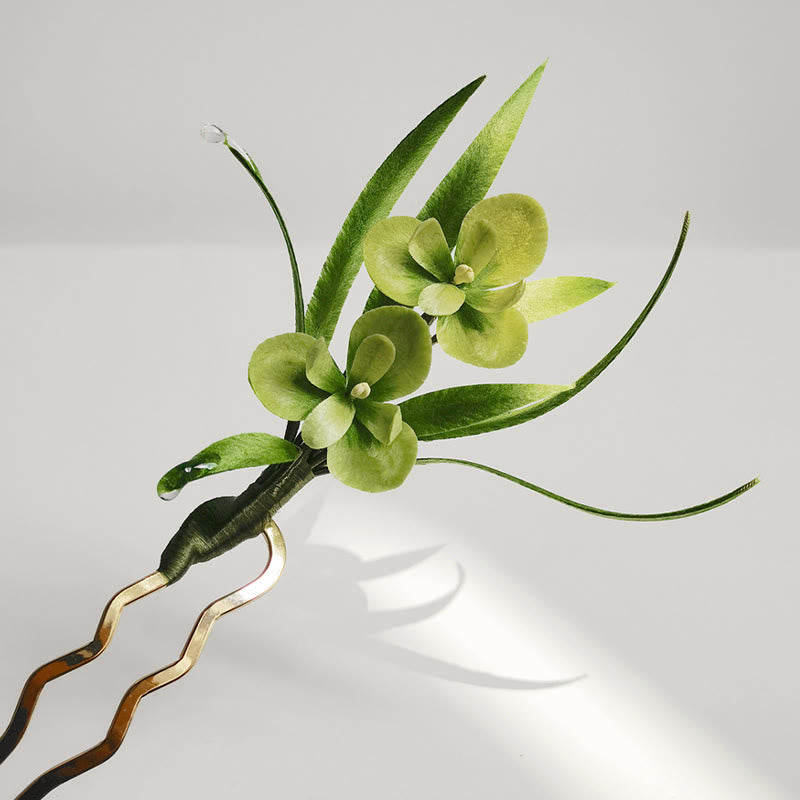 Handmade Green Flowers Leaves Brooch Hairpin Silk Craft