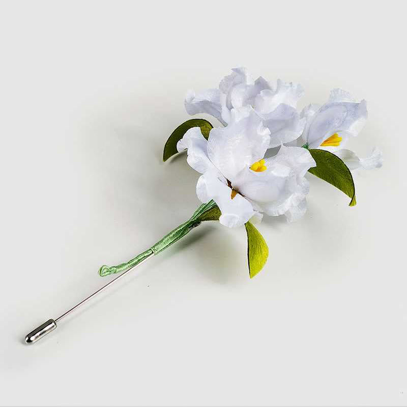 Handmade White Iris Flower Brooch in Mulberry Silk