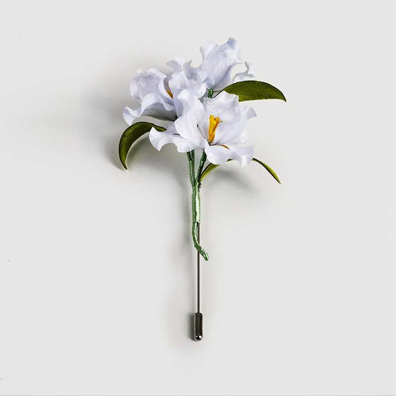 Handmade White Iris Flower Brooch in Mulberry Silk