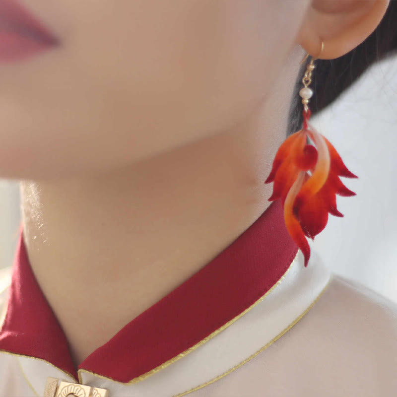 Red Feather Drop Earrings with 14K Gold & Silk