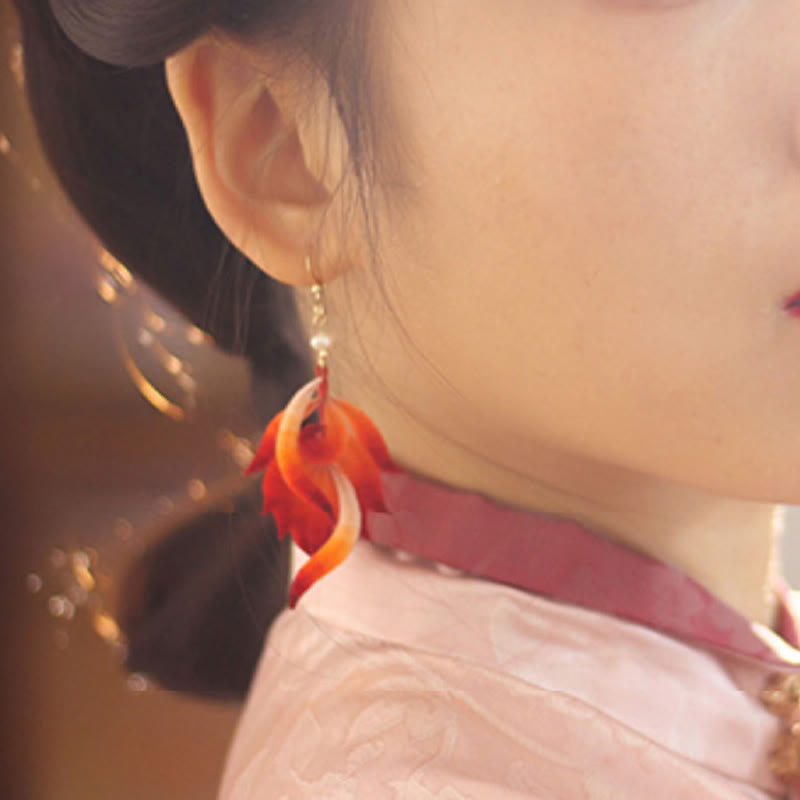 Red Feather Drop Earrings with 14K Gold & Silk