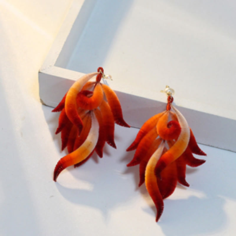 Red Feather Drop Earrings with 14K Gold & Silk