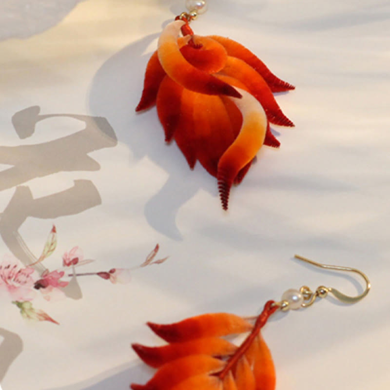 Red Feather Drop Earrings with 14K Gold & Silk