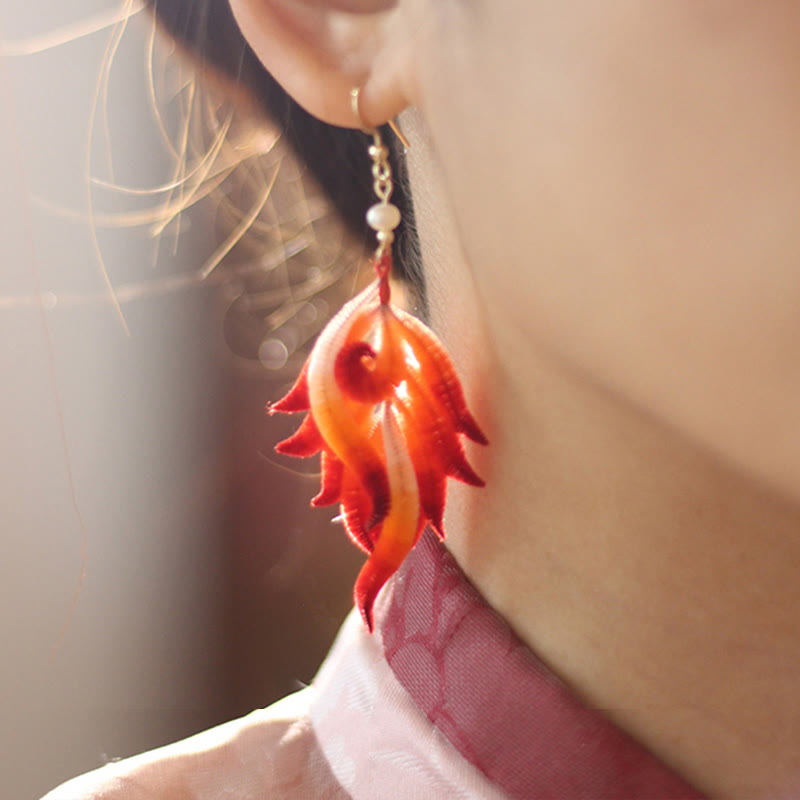 Red Feather Drop Earrings with 14K Gold & Silk
