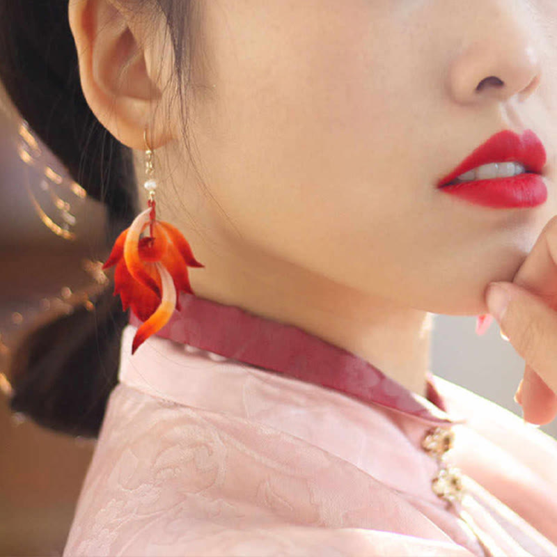Red Feather Drop Earrings with 14K Gold & Silk