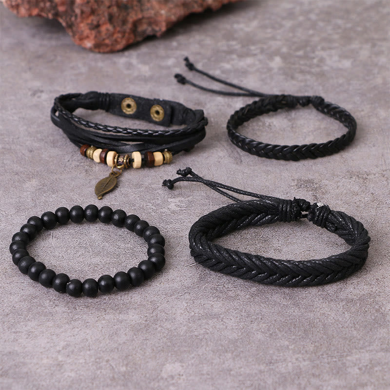Leather Resin Beads Courage Bracelet Set | Spiritual Protection