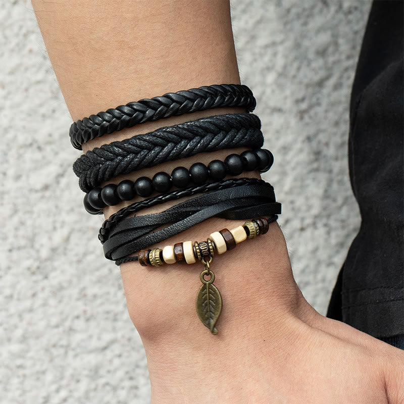 Leather Resin Beads Courage Bracelet Set | Spiritual Protection