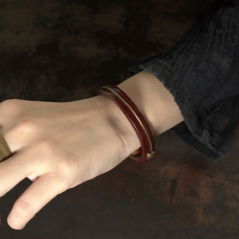 Vintage Leather Copper Spiritual Protection Bracelet - 16-16.6cm