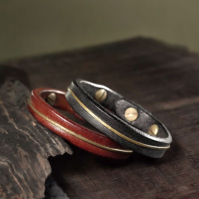 Vintage Leather Copper Spiritual Protection Bracelet - 16-16.6cm