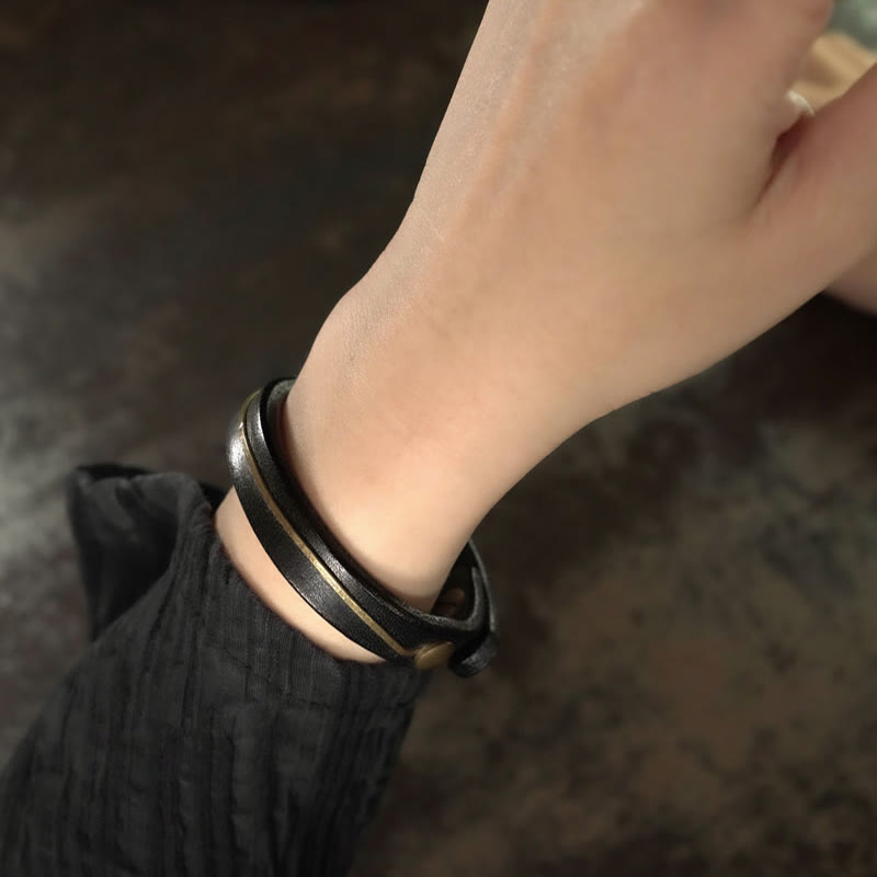 Vintage Leather Copper Spiritual Protection Bracelet - 16-16.6cm