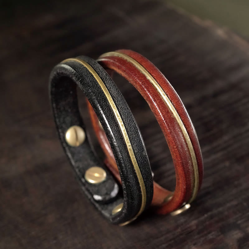 Vintage Leather Copper Spiritual Protection Bracelet - 16-16.6cm