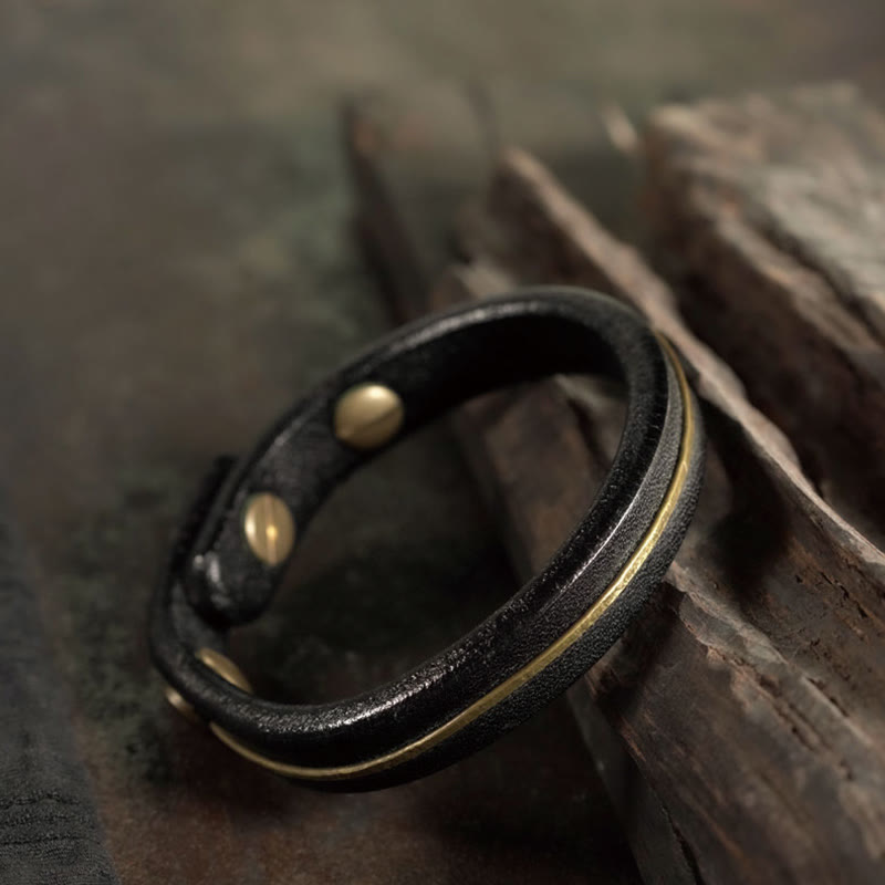 Vintage Leather Copper Spiritual Protection Bracelet - 16-16.6cm