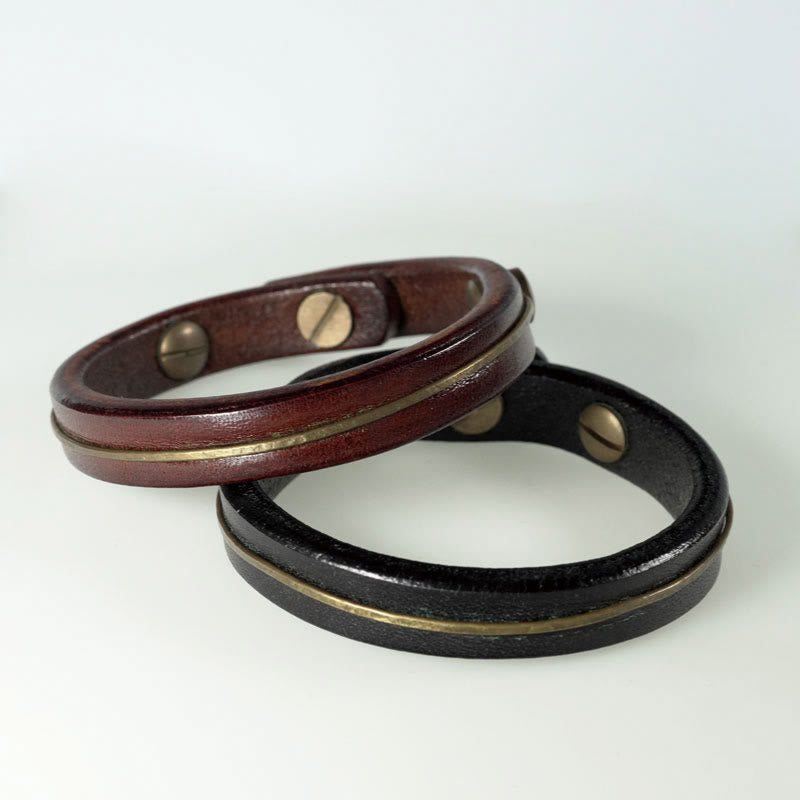 Vintage Leather Copper Spiritual Protection Bracelet - 16-16.6cm