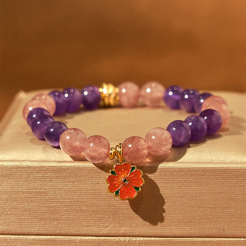 8mm Amethyst Strawberry Quartz Flower Charm Healing Bracelet