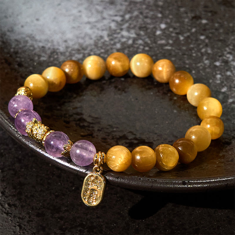 8mm Tiger Eye Amethyst Fu Character Strength Bracelet