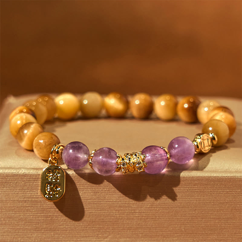 8mm Tiger Eye Amethyst Fu Character Strength Bracelet