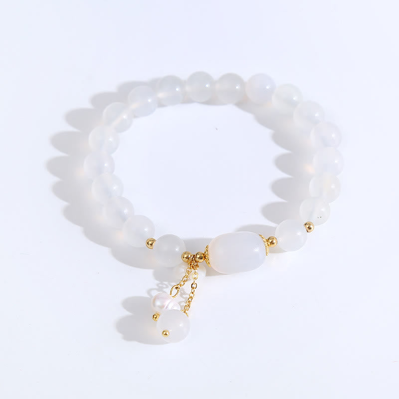 8mm White Agate Luck & Positivity Bracelet with Pearl Charm