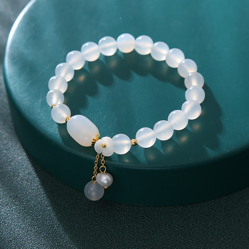8mm White Agate Luck & Positivity Bracelet with Pearl Charm