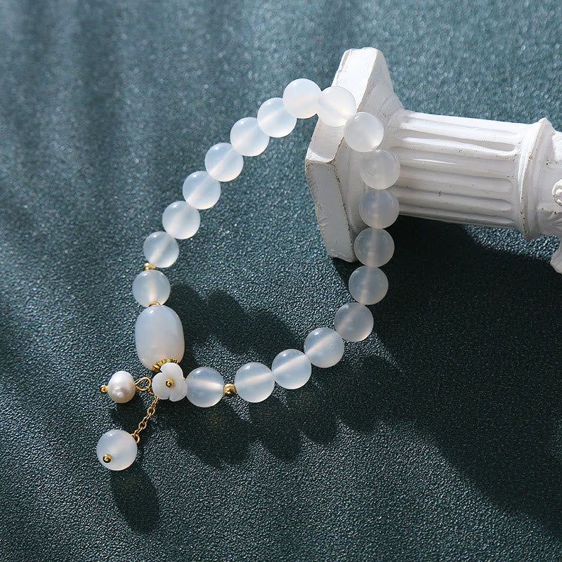 8mm White Agate Luck & Positivity Bracelet with Pearl Charm
