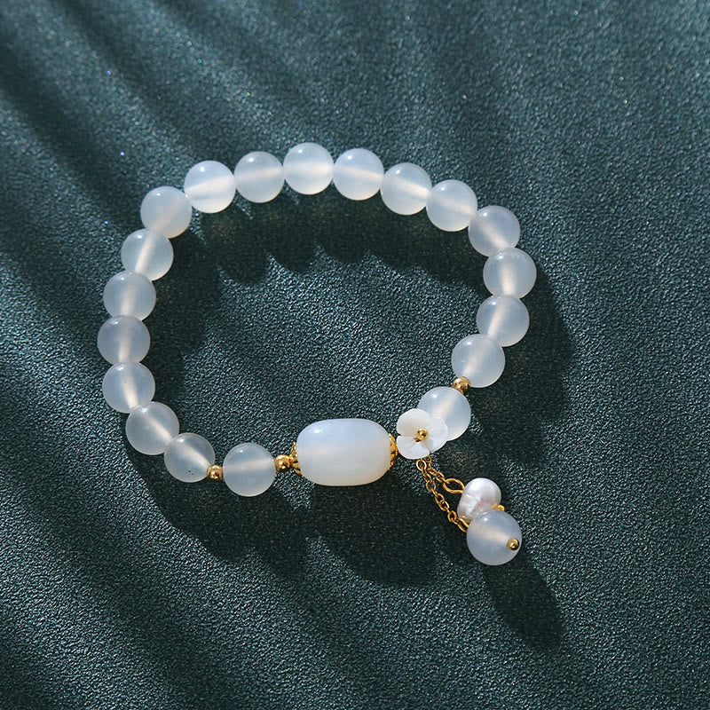 8mm White Agate Luck & Positivity Bracelet with Pearl Charm