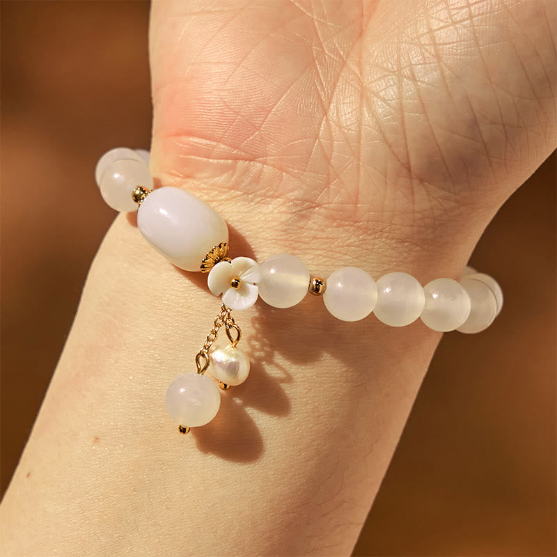 8mm White Agate Luck & Positivity Bracelet with Pearl Charm
