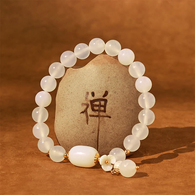 8mm White Agate Luck & Positivity Bracelet with Pearl Charm