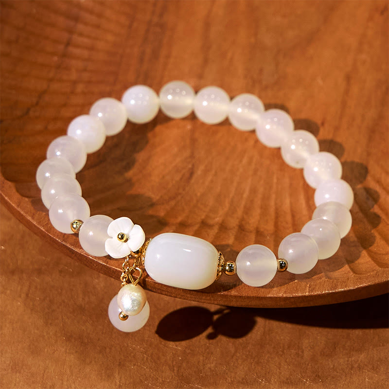 8mm White Agate Luck & Positivity Bracelet with Pearl Charm