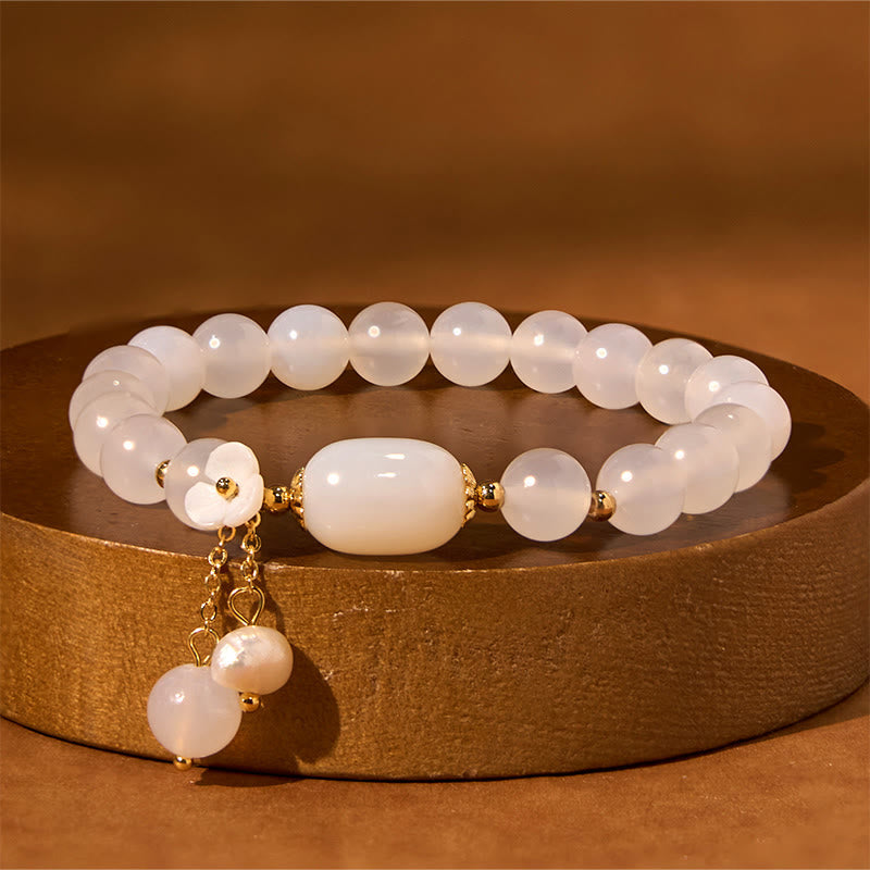 8mm White Agate Luck & Positivity Bracelet with Pearl Charm